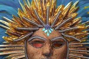 A beautiful mask of "Le Roi Soleil", the french king Louis XIV represented in the brazilian carnival of Rio de Janeiro.
